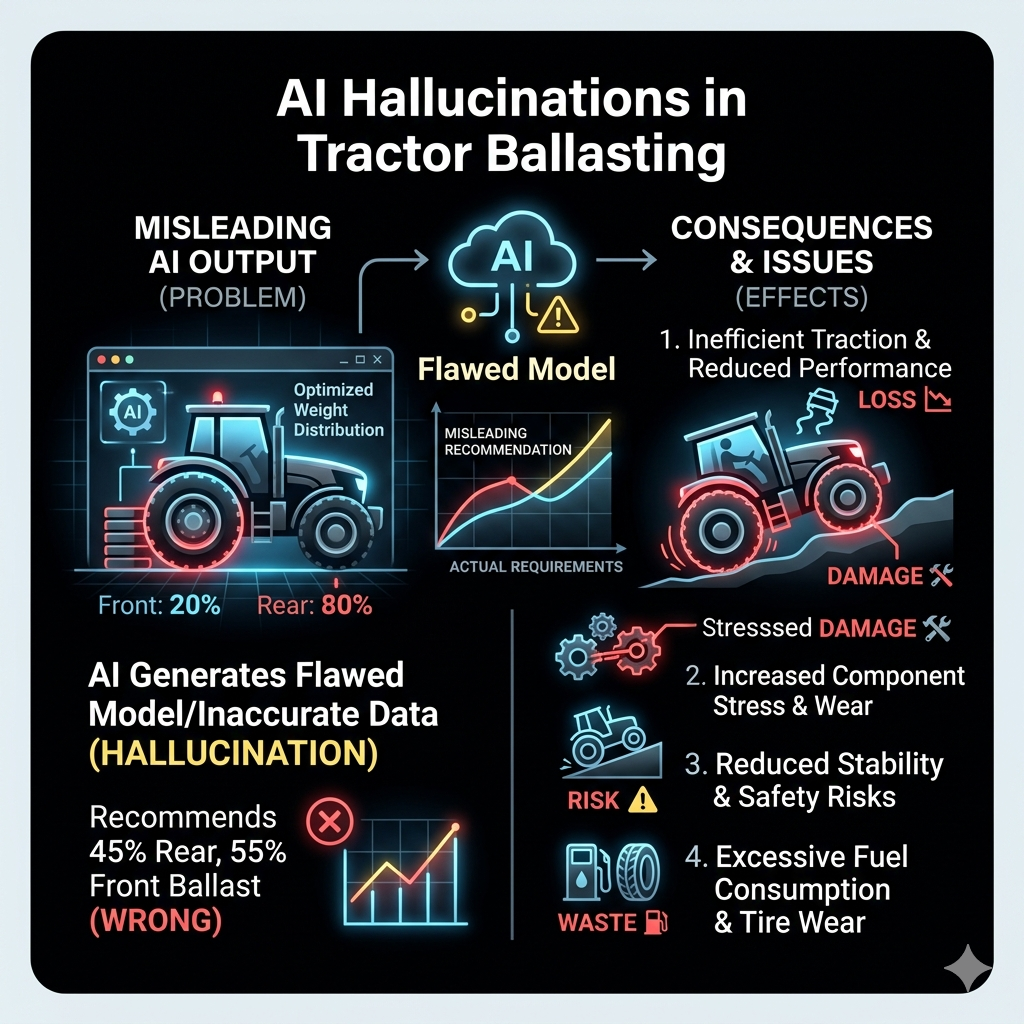 Screenshot or graphic illustrating AI search assistant hallucinations regarding tractor weight fitment data